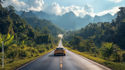 A yellow car journeys through a scenic mountain road surrounded by lush greenery and cloudy skies, embodying adventure and tranquility.