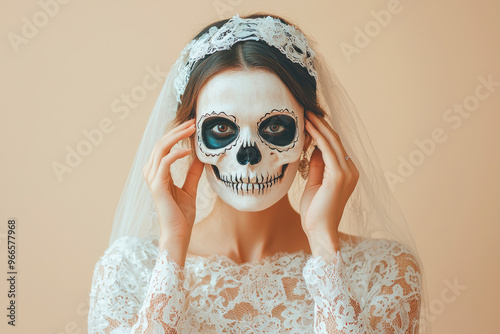 Young woman dressed as dead bride for Halloween party with painted human skull on beige background. photo