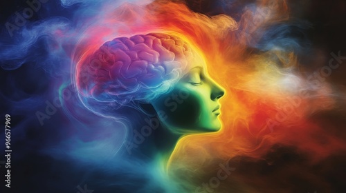 Colorful abstract human head with visible brain, vibrant energy concept