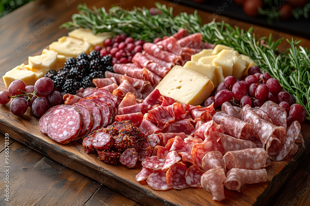 A rustic charcuterie board with an assortment of cured meats, cheeses, and fresh fruits, highlighting the variety and sophistication of a gourmet appetizer. A rustic charcuterie board with an assortment of cured meats, cheeses, and fresh fruits, highlighting the variety and sophistication of a gourmet appetizer.
