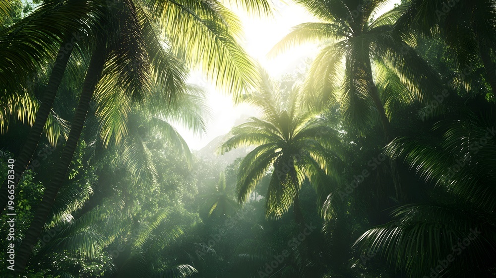 Sunlight Through Palm Trees in a Lush Tropical Jungle Sunlight Through Palm Trees in a Lush Tropical Jungle