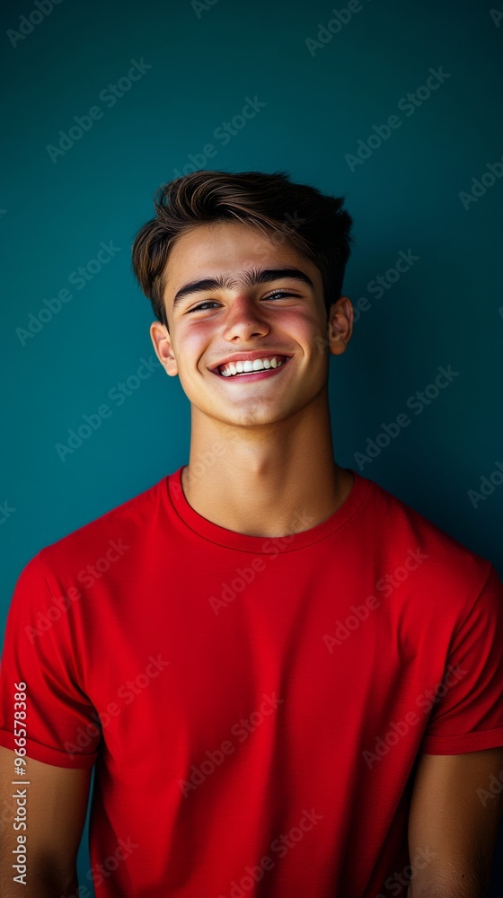 Young man smiling against teal background, portrait photography. Happiness and positivity concept Young man smiling against teal background, portrait photography. Happiness and positivity concept