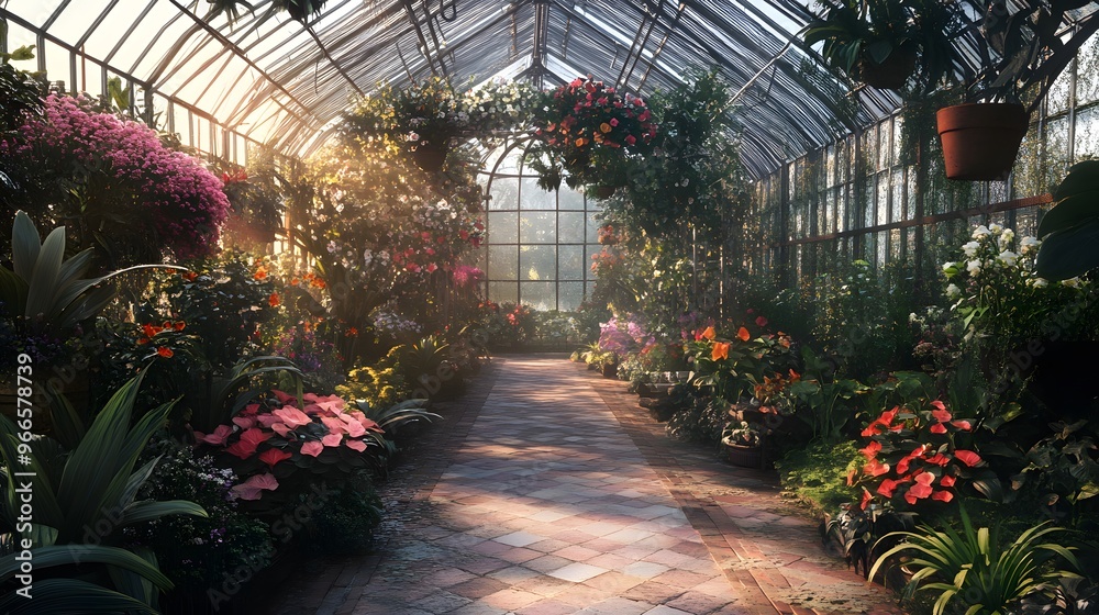 Sun-Drenched Greenhouse with Vibrant Blooms Sun-Drenched Greenhouse with Vibrant Blooms