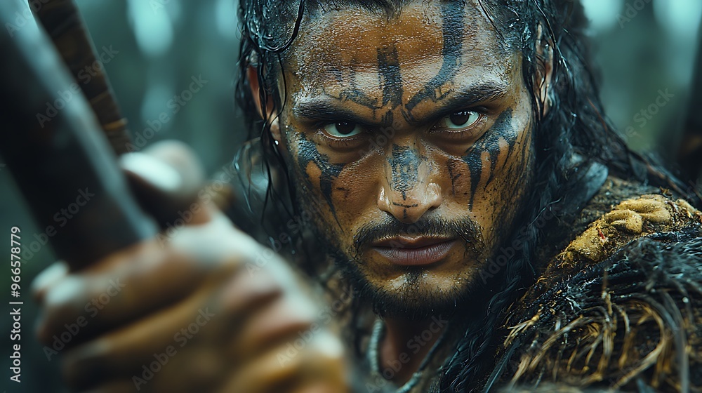 A warrior with tribal paint on his face, holding a bow and arrow, looks intensely at the camera. A warrior with tribal paint on his face, holding a bow and arrow, looks intensely at the camera.
