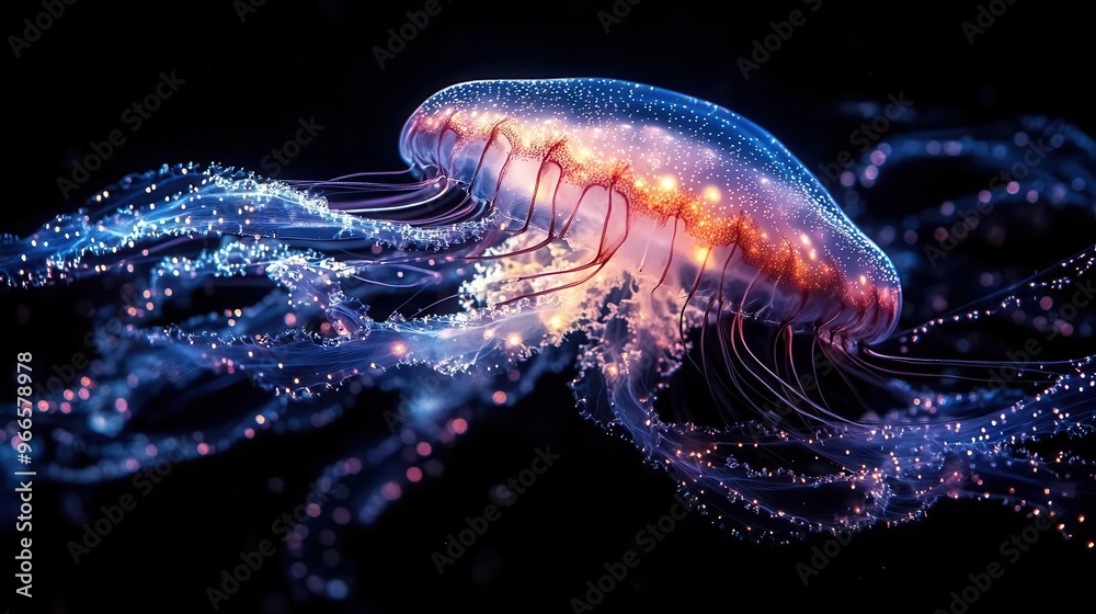 Fototapeta premium bioluminescent deep sea ballet ethereal jellyfish with trailing tentacles dance through inky black waters pulsating with otherworldly blue and purple light
