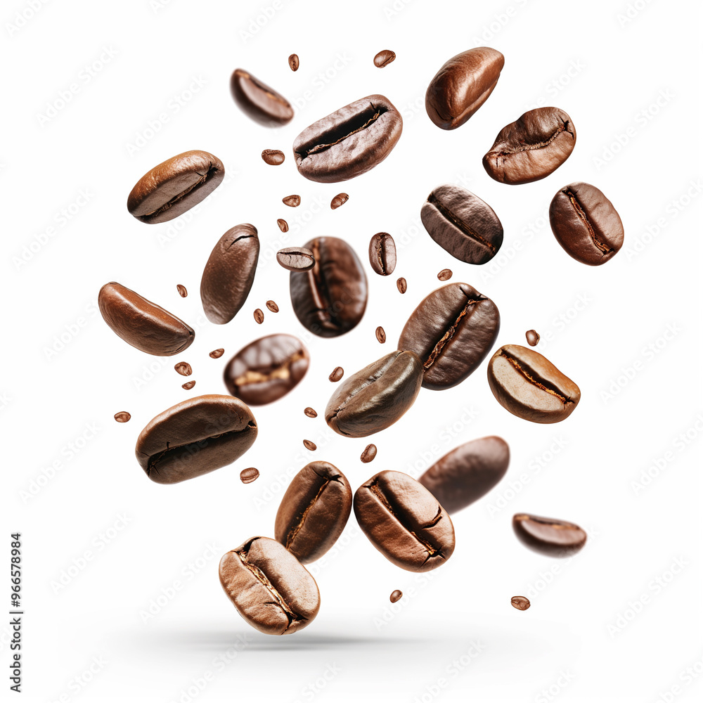 Fototapeta premium Roasted coffee beans falling on white background