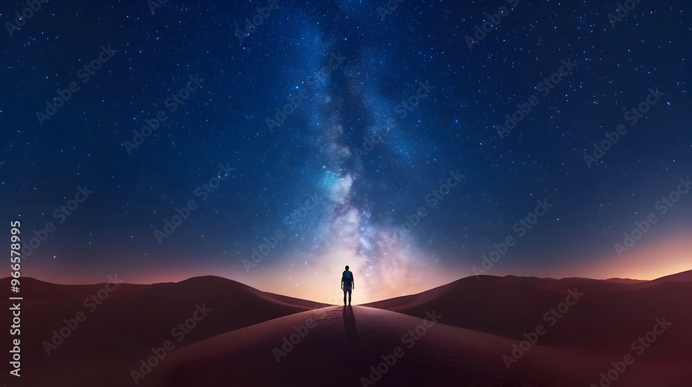 Fototapeta premium Lone Traveler Silhouetted Against Breathtaking Starry Desert Landscape