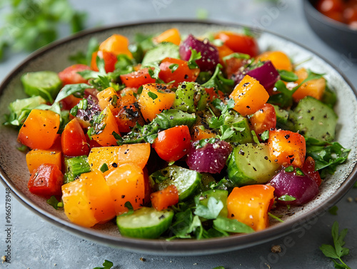 A colorful salad with tomatoes, cucumbers, and onions. The salad is served in a white bowl