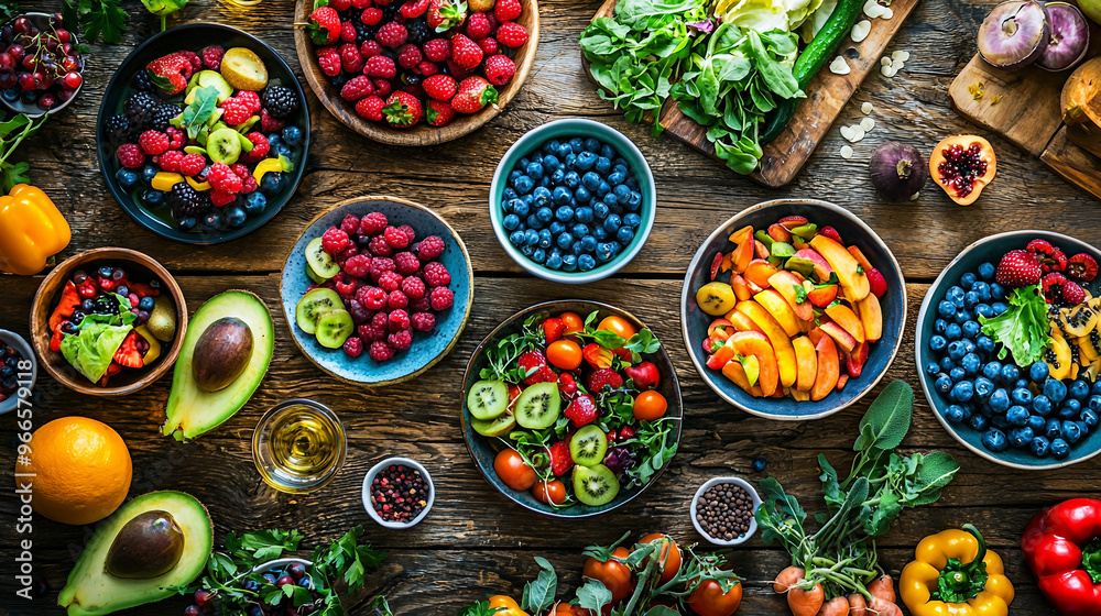 A table full of fruits and vegetables, including apples, oranges, and avocados. The table is set for a healthy meal A table full of fruits and vegetables, including apples, oranges, and avocados. The table is set for a healthy meal