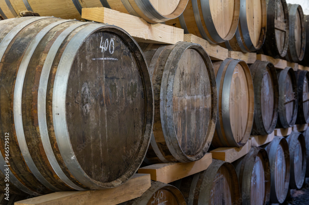 Aging process of cognac spirit in old dark French oak barrels in cellar in distillery house, Cognac white wine region, Charente, Segonzac, Grand Champagne, France Aging process of cognac spirit in old dark French oak barrels in cellar in distillery house, Cognac white wine region, Charente, Segonzac, Grand Champagne, France