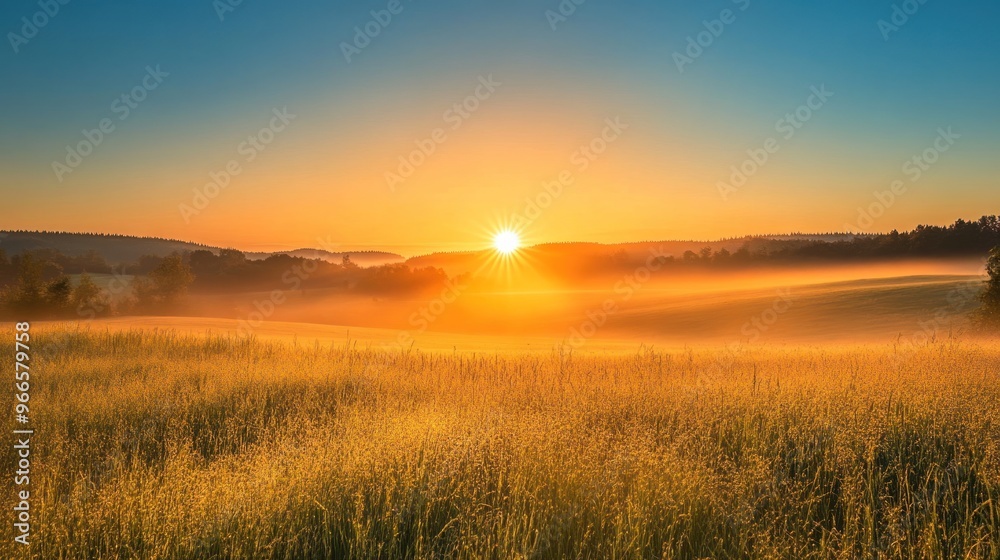 Fototapeta premium Golden Sunrise Over Mist-Covered Field