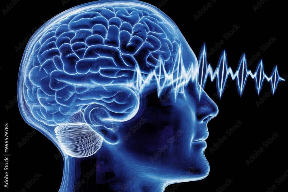 Neuron mapping neuron signals and thought mapping side profile of a person with brainwave patterns showing neural transmission and cognitive thought processes Neuron mapping neuron signals and thought mapping side profile of a person with brainwave patterns showing neural transmission and cognitive thought processes