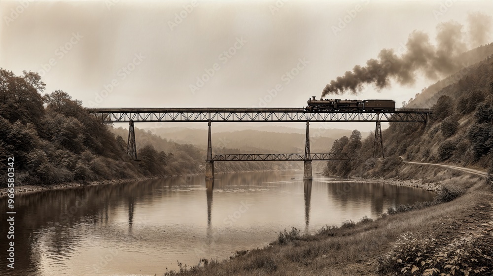 Fototapeta premium generative ai, Vintage Steam Train Crossing a Bridge Over a Calm River in a Scenic Landscape
