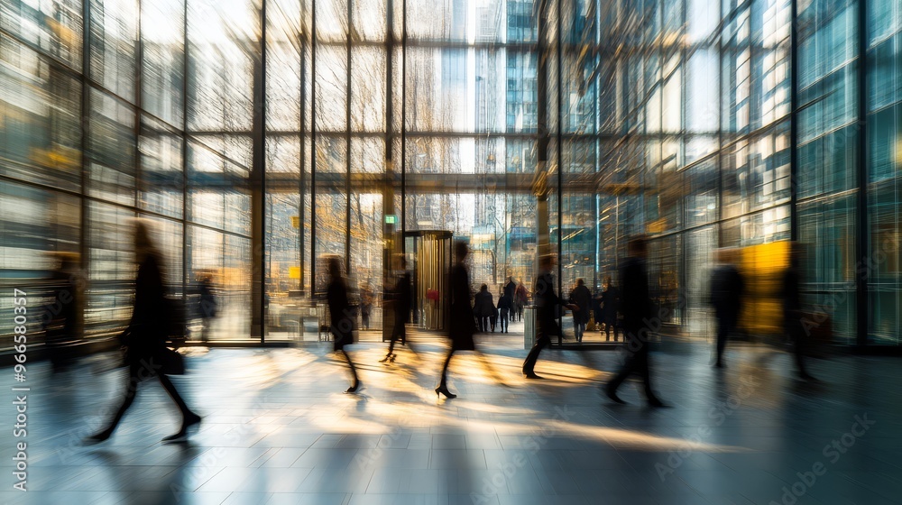 Blurred motion of people walking in modern urban office building glass atrium, illustrating concept of busy city life and corporate environment. Blurred motion of people walking in modern urban office building glass atrium, illustrating concept of busy city life and corporate environment.