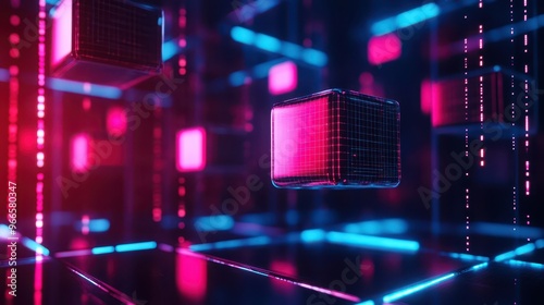 Futuristic digital cubes illuminated by neon lights, exploring the depth of technology and virtual reality in a vibrant display.