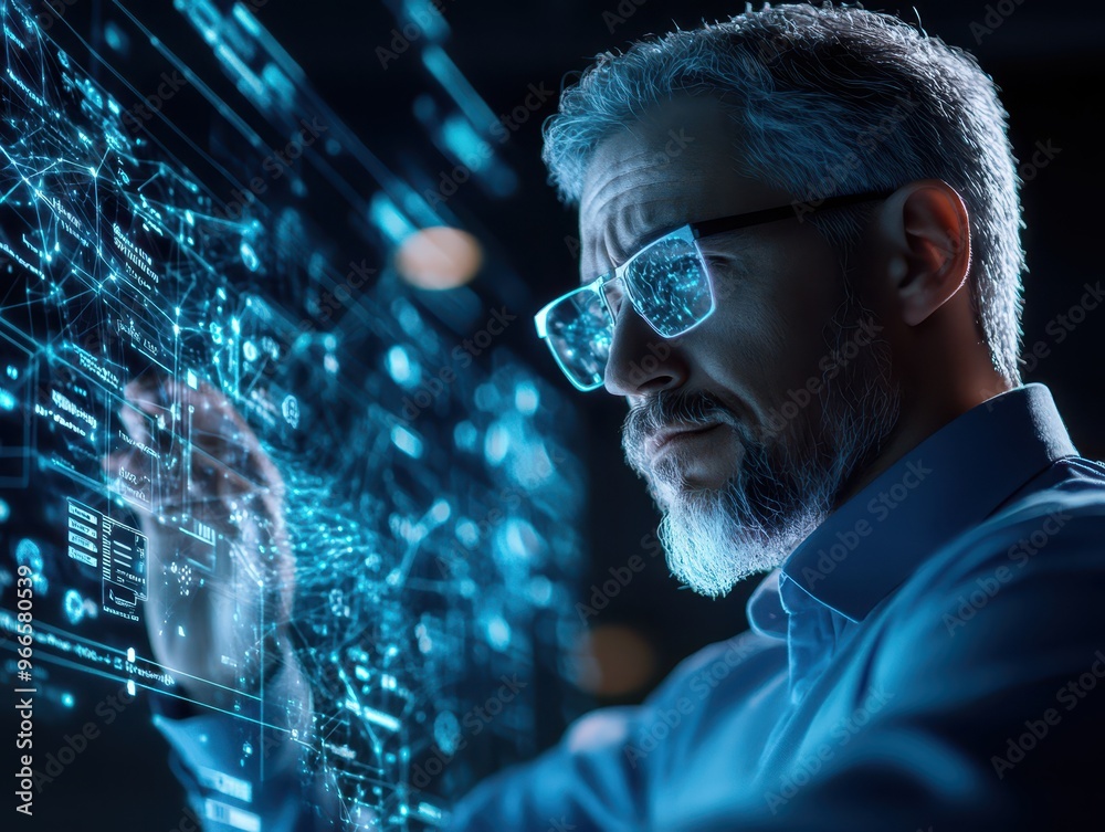 A focused professional interacts with digital data and futuristic technology, showcasing innovation and analytical thinking. A focused professional interacts with digital data and futuristic technology, showcasing innovation and analytical thinking.