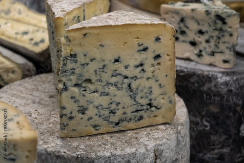 Piece of French blue cheese Roquefort, made from sheep milk in caves of Roquefort-sur-Soulzon