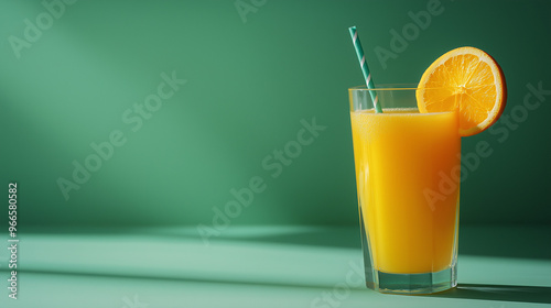 glass of orange juice with straw on a green background.