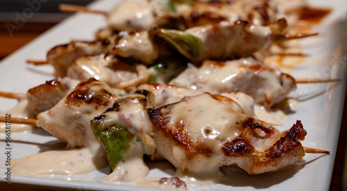 Typical snacks of Basque Country, pinchos or pinxtos skewers with small pieces of bread, fish, sea food, sweet green pepper served in bar in San-Sebastian or Bilbao, Spain photo