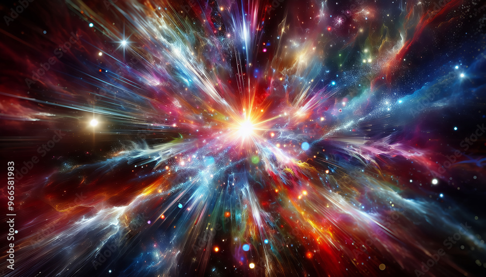 A brilliant supernova bursts with color and light, scattering debris throughout the cosmos. A brilliant supernova bursts with color and light, scattering debris throughout the cosmos.