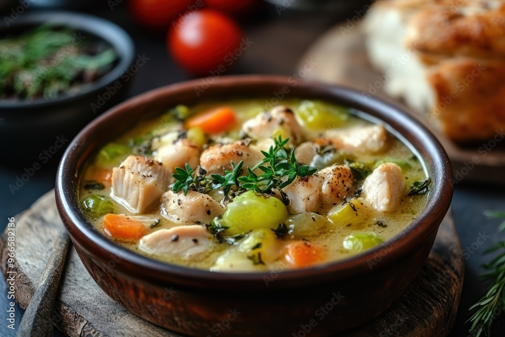 Brussels sprouts soup with chicken . AI generative,