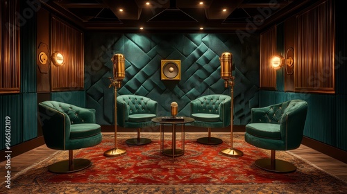 A podcast studio in Art Deco style with plush curved chairs, shining gold microphones, and bold geometric wall designs. The dim, moody lighting casts an inviting glow, ideal for a high-end recording s photo