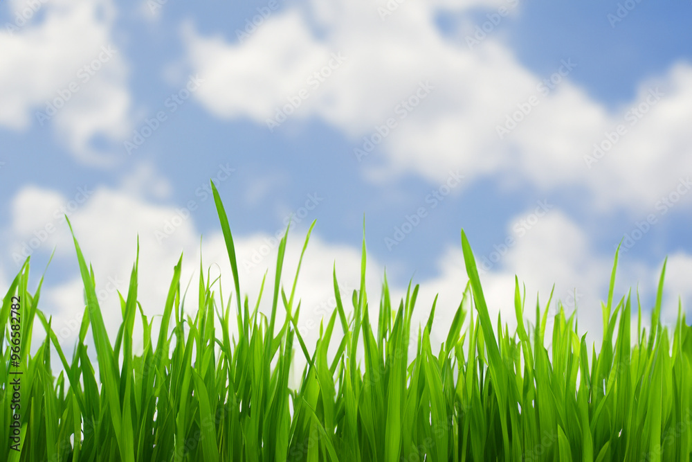 Lush green grass blades stand tall against a backdrop of a bright blue sky and white fluffy clouds. Lush green grass blades stand tall against a backdrop of a bright blue sky and white fluffy clouds.