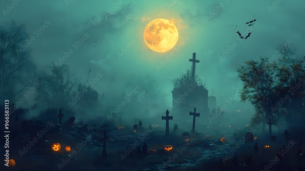 Spooky Graveyard Scene with Fog Bats and Full Moon for Halloween Atmosphere Spooky Graveyard Scene with Fog Bats and Full Moon for Halloween Atmosphere