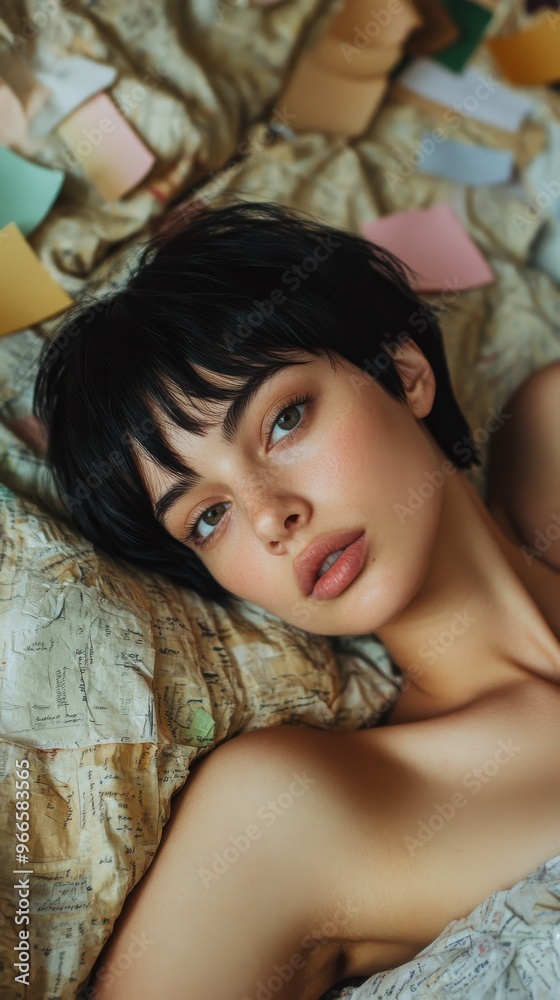 Close-up of a woman with short black hair lying on patterned fabric, serene mood. Artistic portrait and fashion concept Close-up of a woman with short black hair lying on patterned fabric, serene mood. Artistic portrait and fashion concept