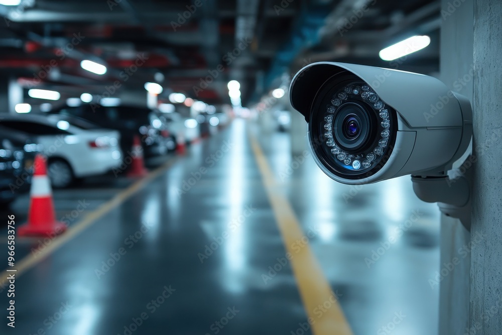 A security camera is mounted on a wall in a parking garage A security camera is mounted on a wall in a parking garage