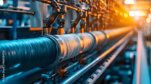 Close-up of Industrial Machinery with Thread Winding and Rotating Reels