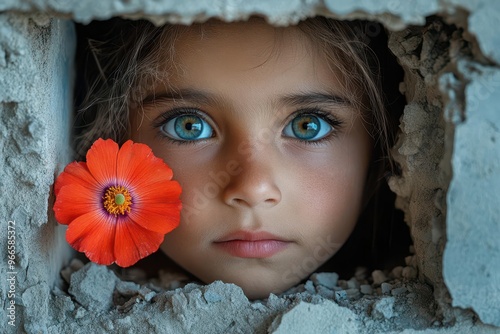 child refugee peering through crumbling concrete wall hope glimmering in eyes contrast of innocence against wartorn backdrop single vibrant flower growing amidst rubble photo