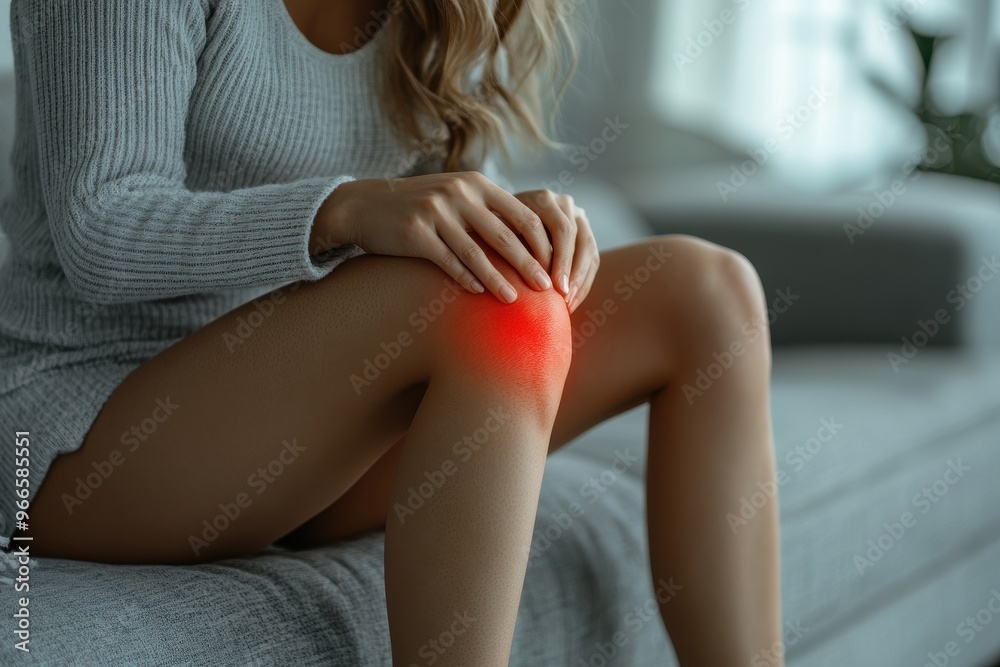 Obraz premium A woman with a knee injury is sitting on a couch