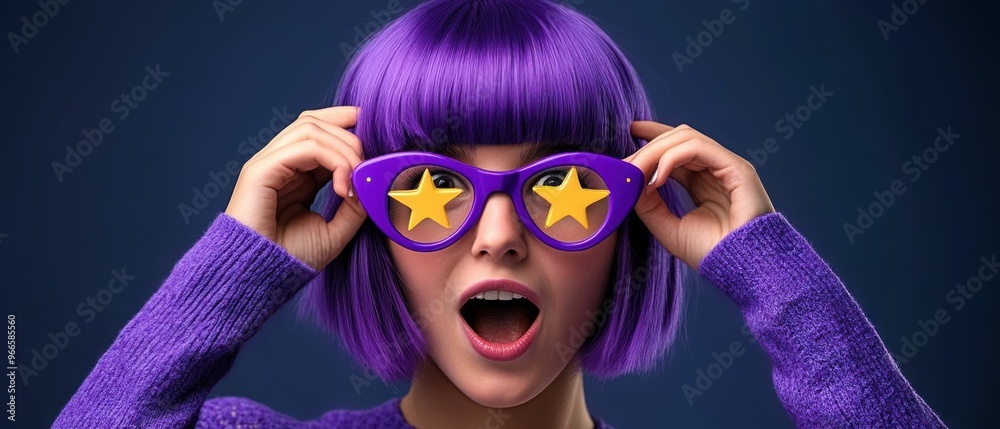 Obraz premium Playful Woman with Purple Hair and Star Glasses