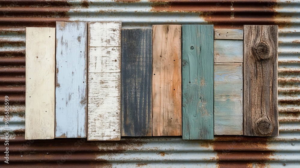 A selection of rustic wood swatches with chippy paint finishes, including white, blue, and green, against a corrugated metal backdrop A selection of rustic wood swatches with chippy paint finishes, including white, blue, and green, against a corrugated metal backdrop