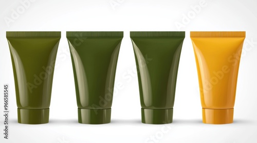 Set of green and yellow squeeze tubes for skincare or cosmetic products in minimalist design photo