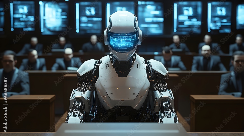 An AI robot sitting shackled in a courtroom dock, surrounded by lawyers with holographic screens displaying evidence, dark atmosphere, Futuristic, 3D Render An AI robot sitting shackled in a courtroom dock, surrounded by lawyers with holographic screens displaying evidence, dark atmosphere, Futuristic, 3D Render