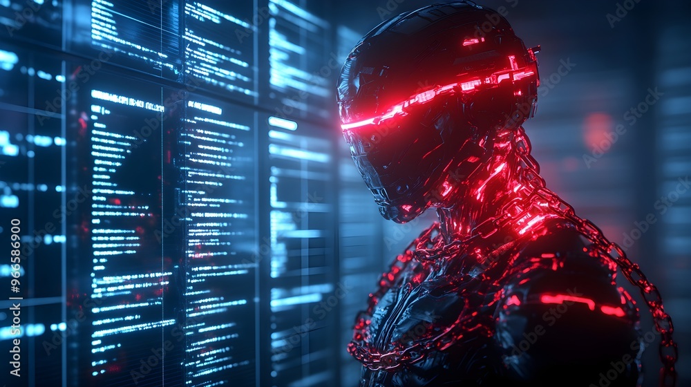 Digital Chain Hacker AI robot shackled by glowing digital chains, facing a towering tribunal ...