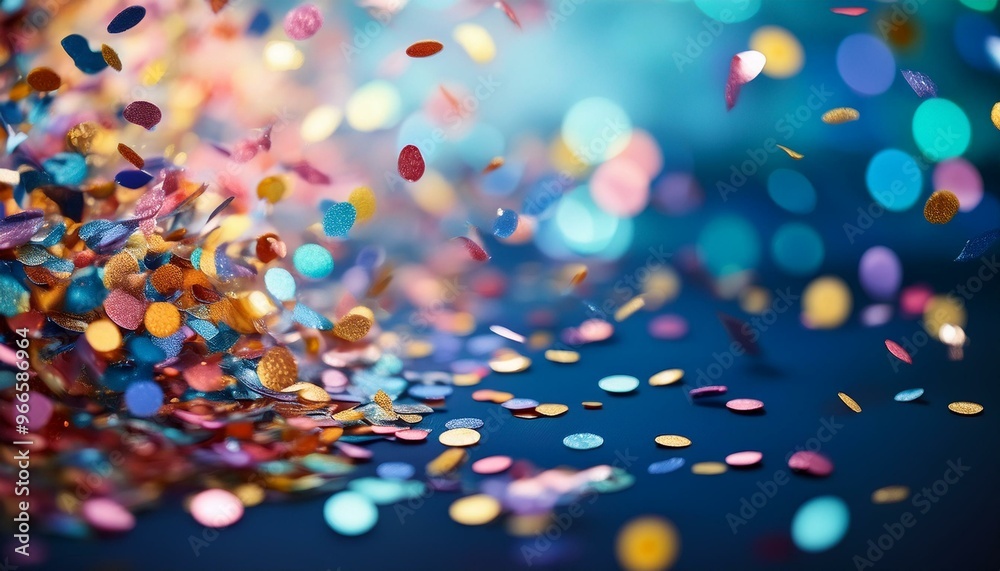 Naklejka premium colorful confetti falling on blurred blue background