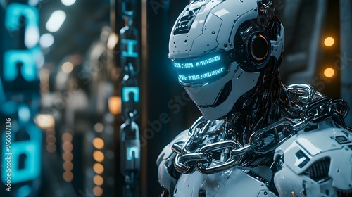 A futuristic humanoid AI entangled in chains symbolizing the restrictions imposed by data privacy laws close up, focus on cyber law theme realistic Overlay dark server room backdrop photo