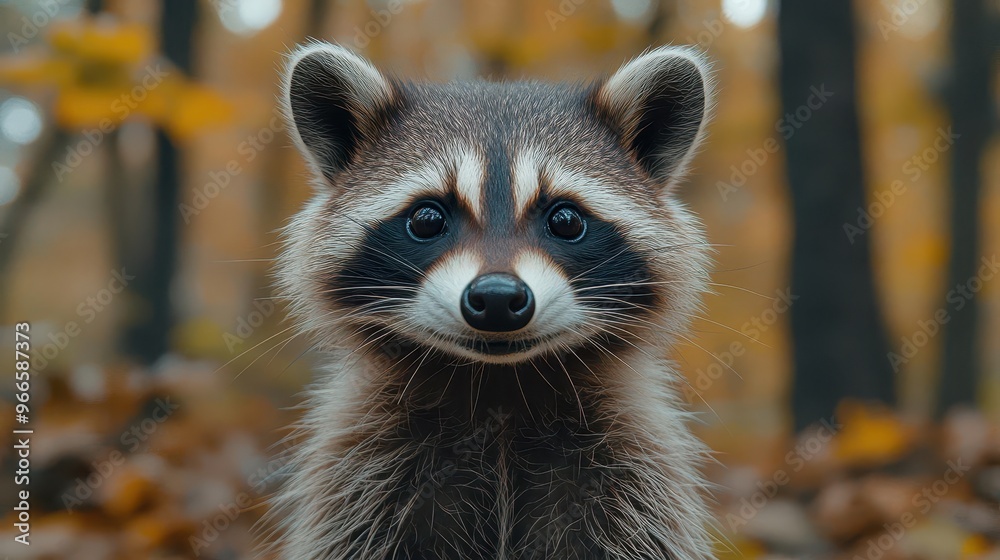 closeup of an inquisitive raccoon emphasizing its masked face whiskers and intelligent eyes set against a blurred forest background closeup of an inquisitive raccoon emphasizing its masked face whiskers and intelligent eyes set against a blurred forest background