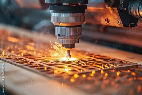 Laser Cutter Cutting Through Wood with Sparks Flying