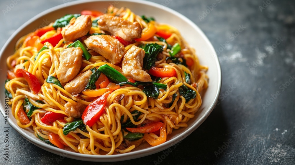 Stir-fried noodles with fresh vegetables and crispy chicken, served on a clean white plate. This dish looks shiny and appetizing. The oil enhances the flavor and texture, making it even more delicious Stir-fried noodles with fresh vegetables and crispy chicken, served on a clean white plate. This dish looks shiny and appetizing. The oil enhances the flavor and texture, making it even more delicious