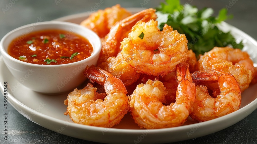 Golden fried shrimp, crispy outside, soft inside, beautifully arranged on a white plate, served with a delicious dipping sauce that shows the perfect texture and taste from the meticulous frying.