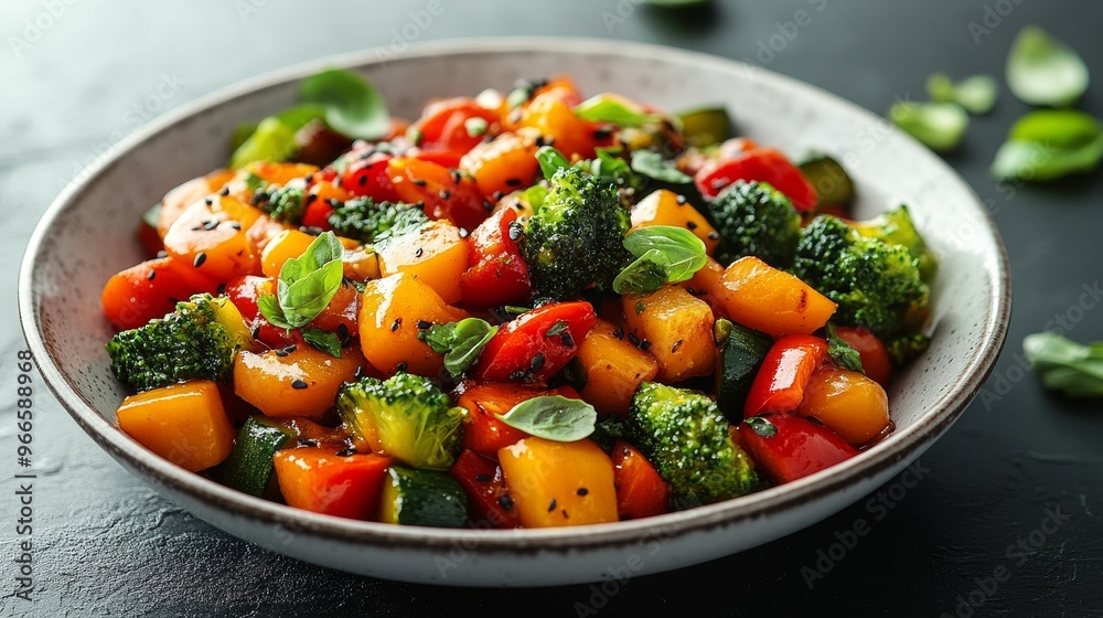 Colorful mixed vegetable stir fry served in a clean white bowl. Freshness of ingredients. Shiny oil helps to highlight colors and textures. Health benefits of using high-quality oil Colorful mixed vegetable stir fry served in a clean white bowl. Freshness of ingredients. Shiny oil helps to highlight colors and textures. Health benefits of using high-quality oil