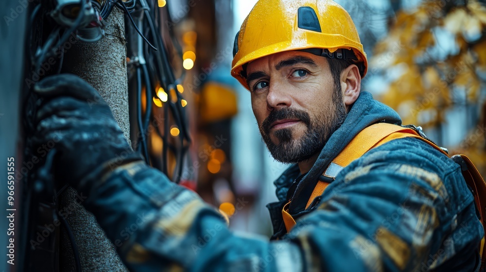 Construction worker in a hard hat and safety gear, inspecting equipment on a work site during autumn. Construction worker in a hard hat and safety gear, inspecting equipment on a work site during autumn.