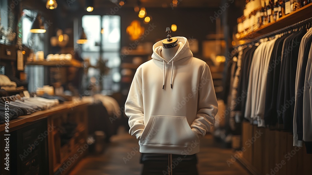 White hoodie on a mannequin in a clothing store. White hoodie on a mannequin in a clothing store.