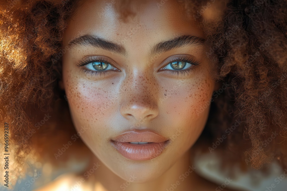 closeup portrait of a woman with luminous skin and voluminous afro curls bathed in soft flattering light against a simple backdrop closeup portrait of a woman with luminous skin and voluminous afro curls bathed in soft flattering light against a simple backdrop