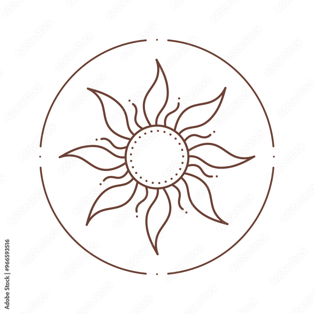 Vector bohemian logo design template with sun and sunburst. Boho linear icon or symbol in trendy minimalist style.Modern celestial emblem.Branding design template. Vector bohemian logo design template with sun and sunburst. Boho linear icon or symbol in trendy minimalist style.Modern celestial emblem.Branding design template.