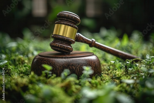 conceptual image of a giant wooden gavel resting on a lush green earth symbolizing global environmental law and justice